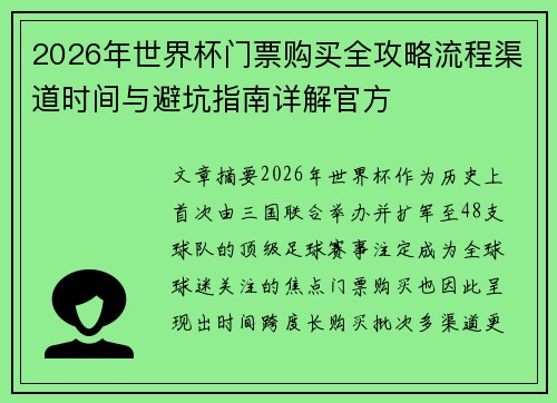 2026年世界杯门票购买全攻略流程渠道时间与避坑指南详解官方